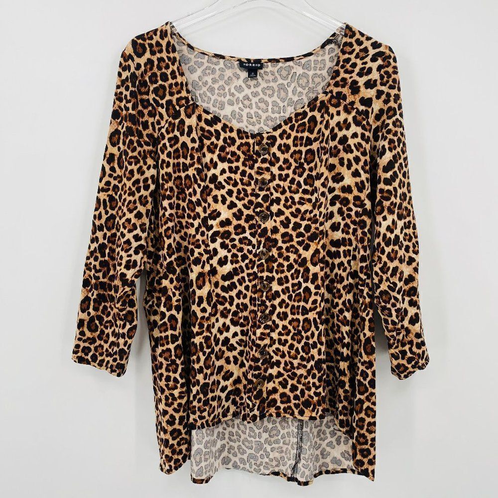 Torrid Size 0X Tan & Black Cheetah Animal Print Long Sleeve Hi Low Tunic Top